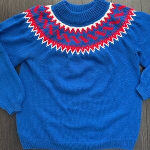 Hand knit handmade  blue, red, white wool sweater crewneck fisherman cottagecore